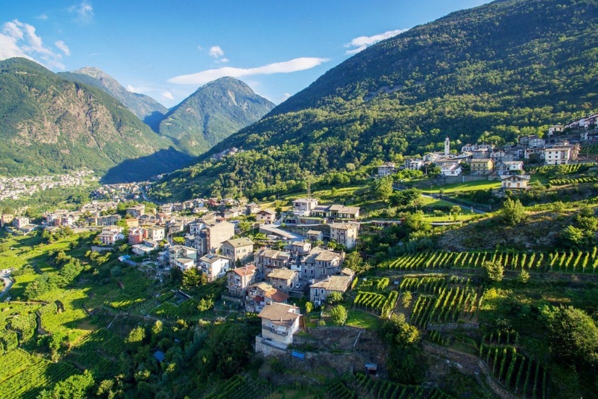 Veduta panoramica di Sondrio con i suoi vigneti terrazzati